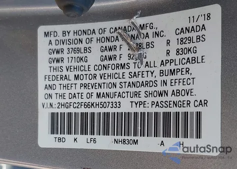 2019 Honda Civic Lx from USA, damaged, VIN 2HGFC2F66KH507333